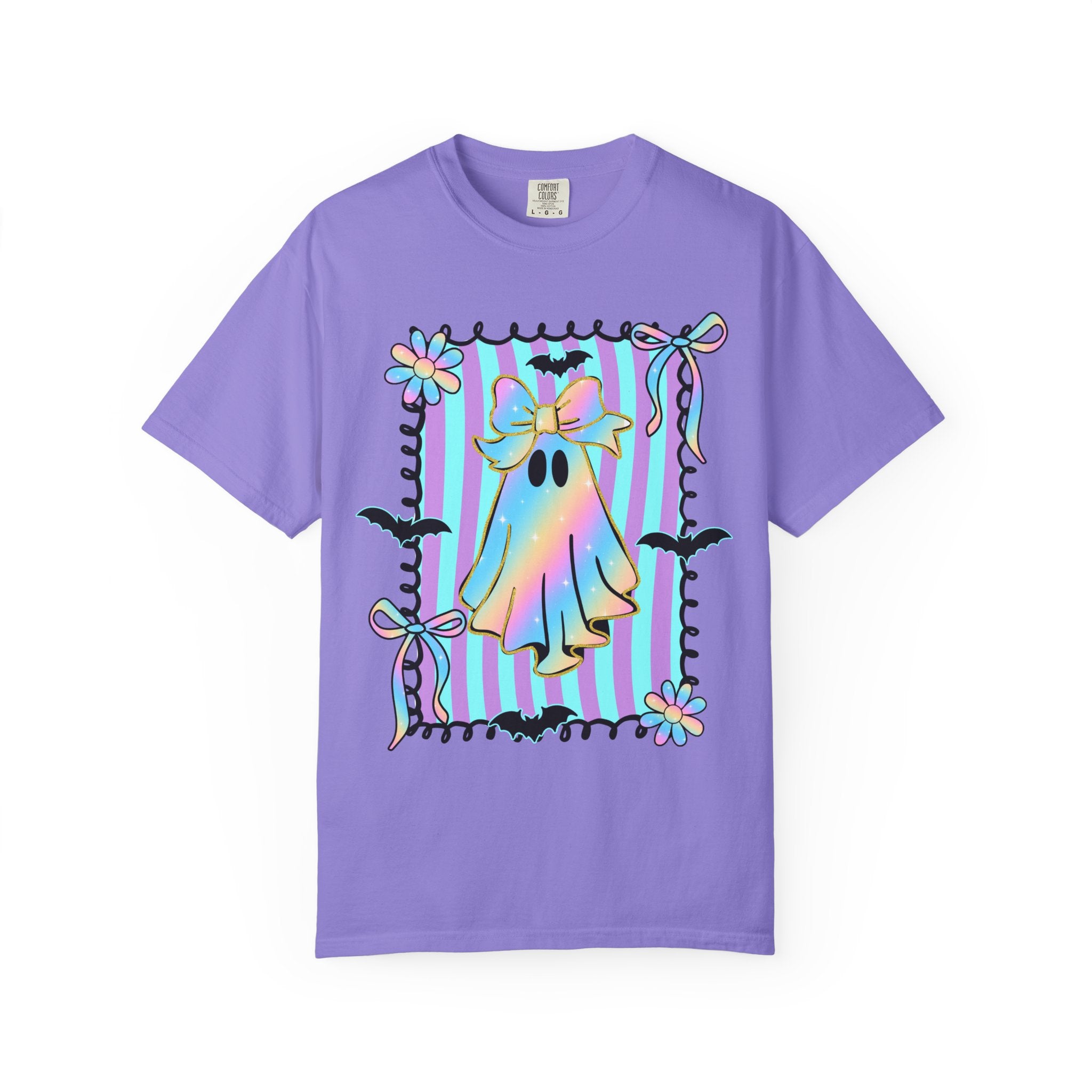 Holographic Bow Ghost T-shirt | Pastel Stripes, Bats, Floral Frame