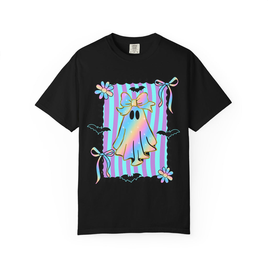 Holographic Bow Ghost T-shirt | Pastel Stripes, Bats, Floral Frame
