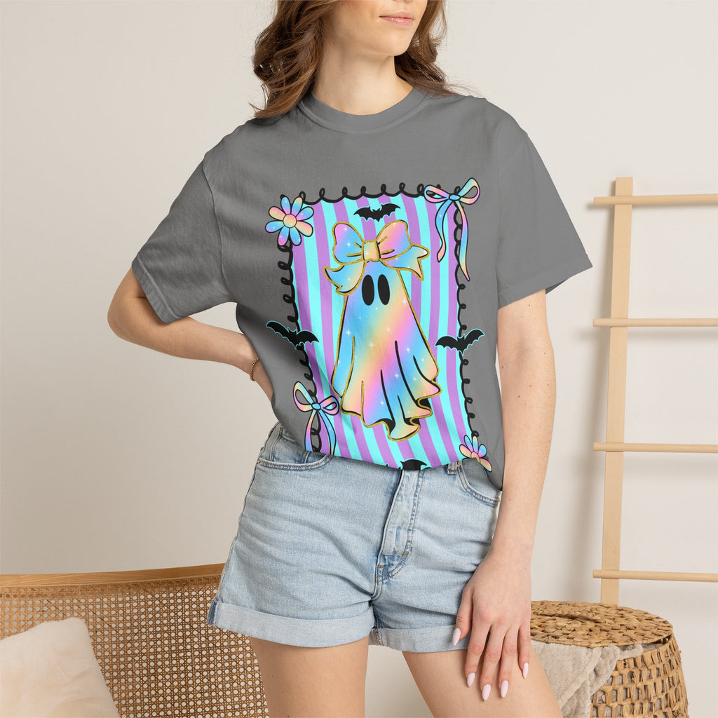 Holographic Bow Ghost T-shirt | Pastel Stripes, Bats, Floral Frame