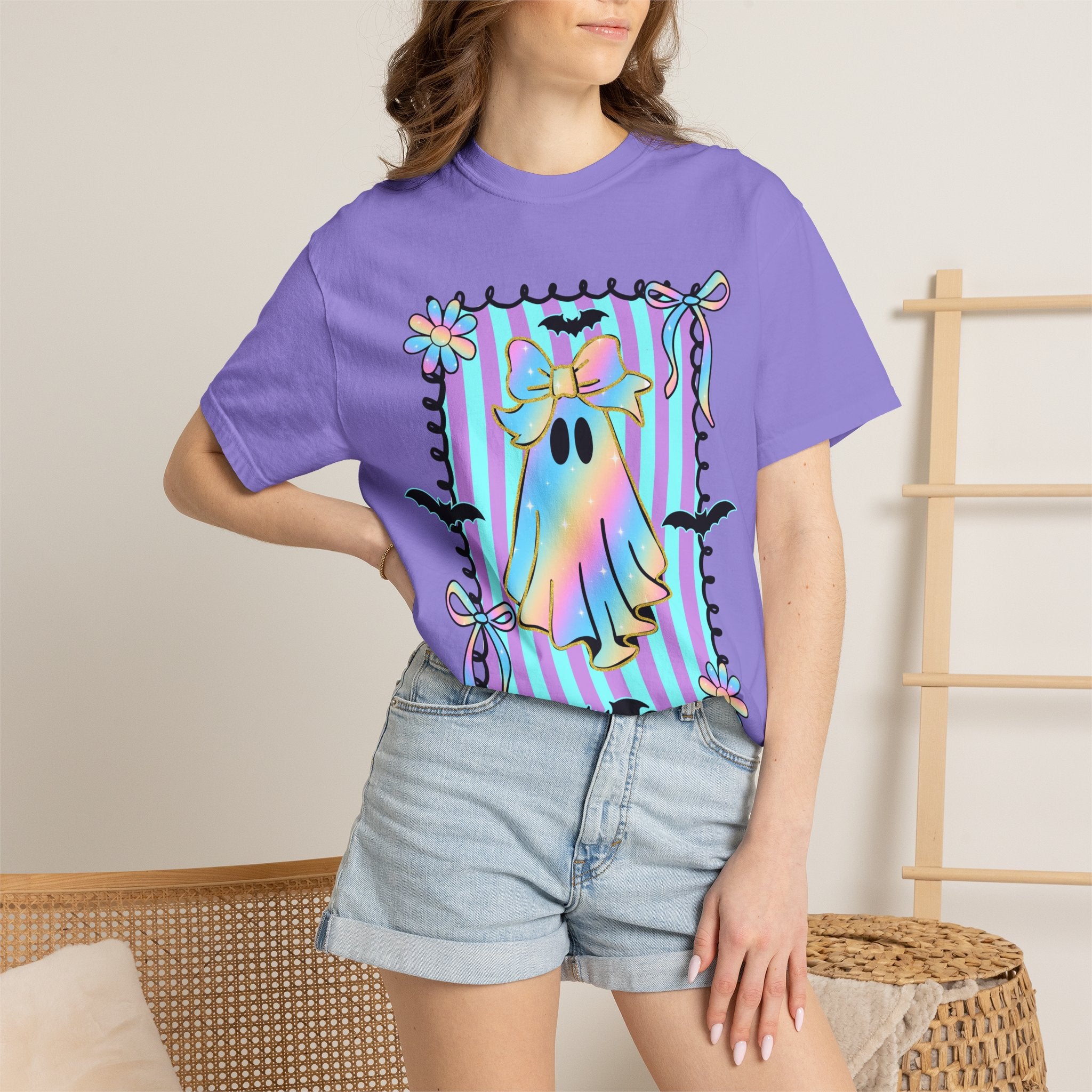 Holographic Bow Ghost T-shirt | Pastel Stripes, Bats, Floral Frame
