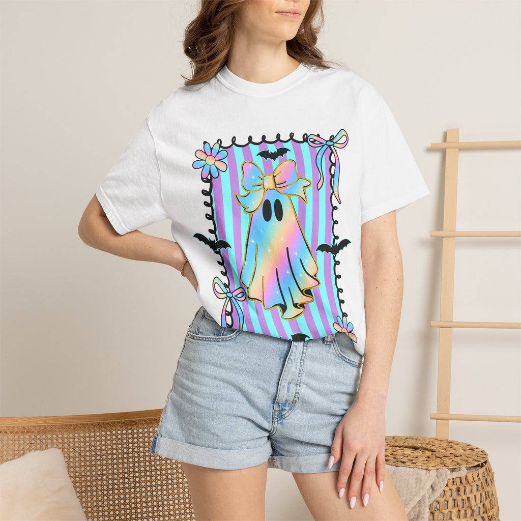 Holographic Bow Ghost T-shirt | Pastel Stripes, Bats, Floral Frame