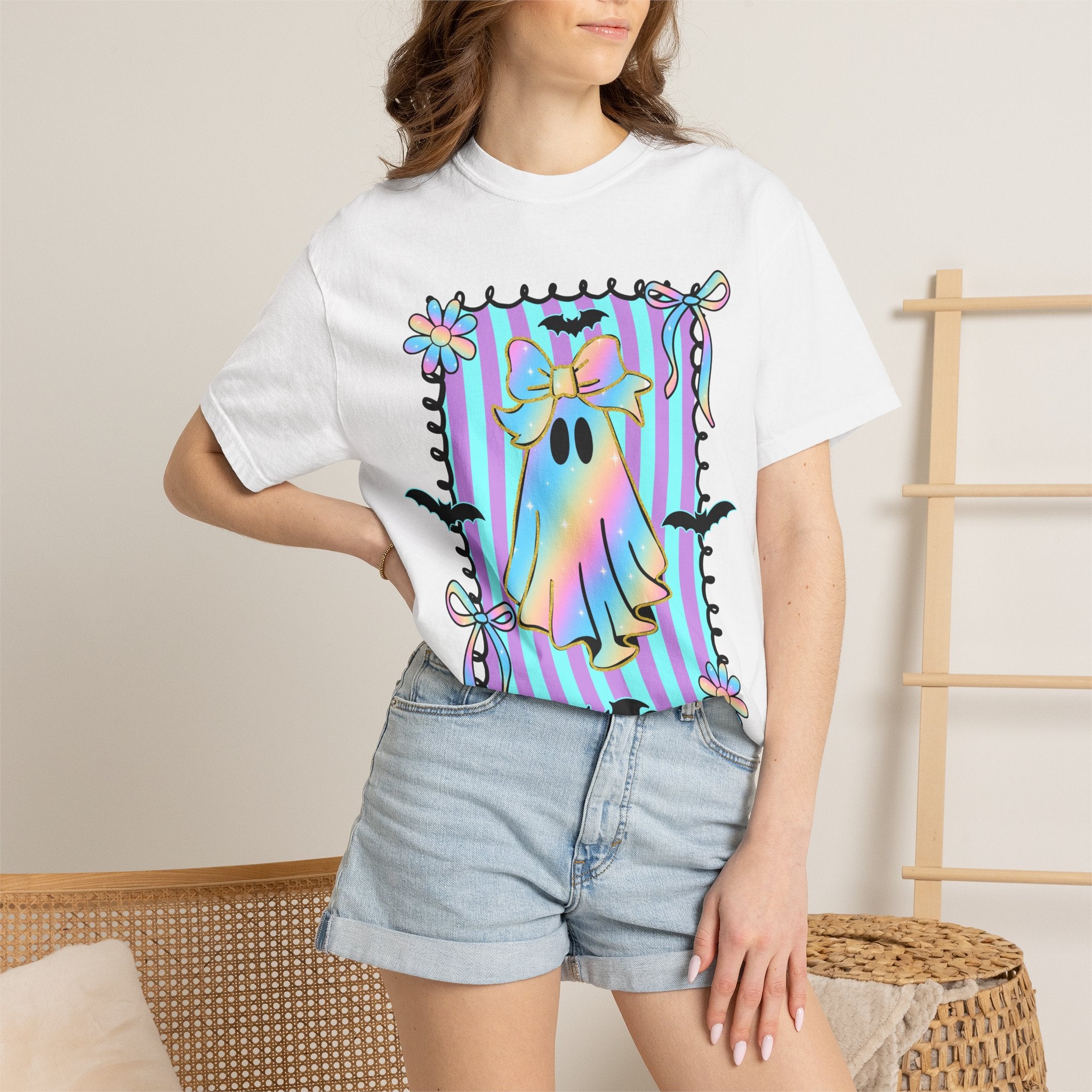 Holographic Bow Ghost T-shirt | Pastel Stripes, Bats, Floral Frame