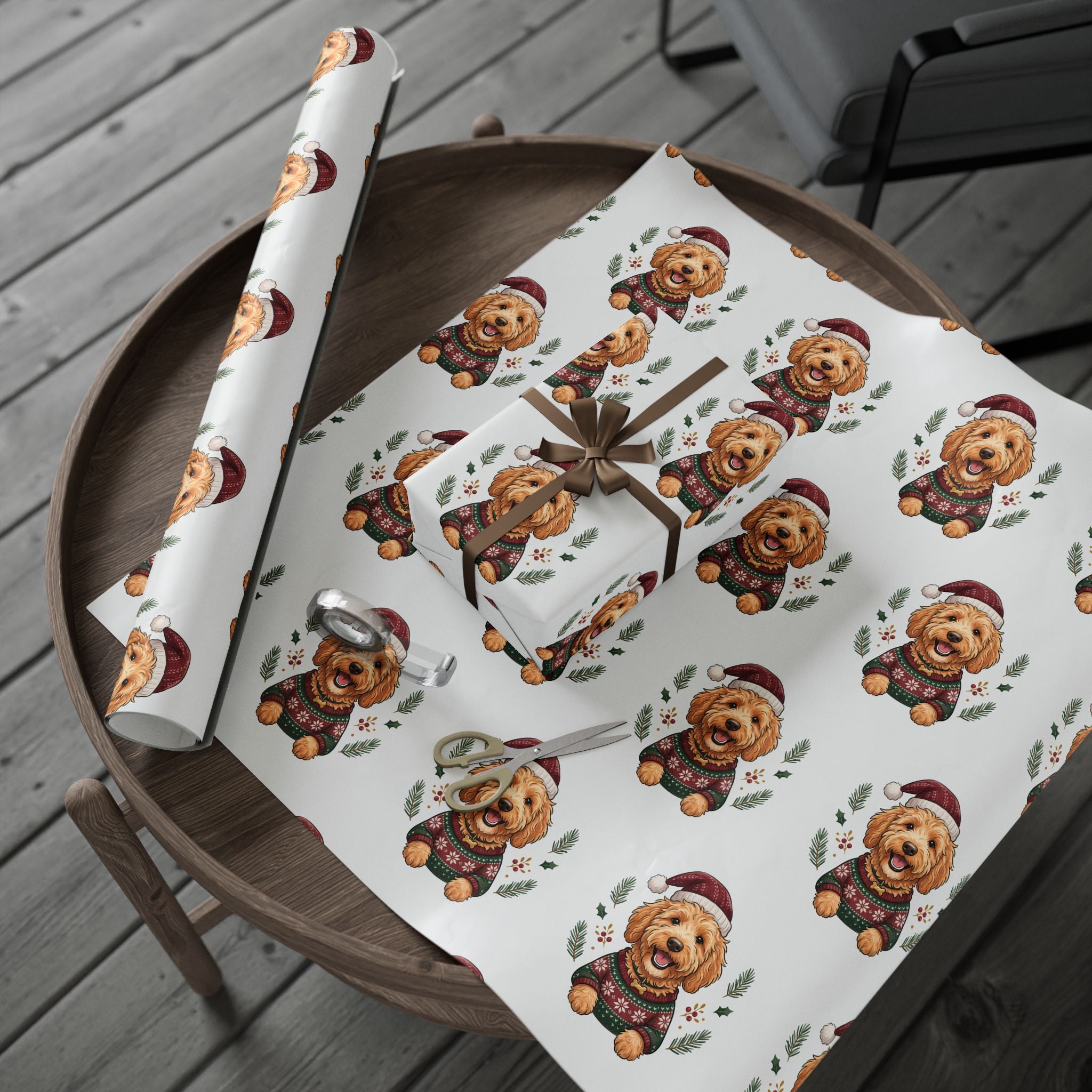 Holiday Goldendoodle Wrapping Paper Roll — Festive Red & Green Goldendoodle Pattern for Christmas Gift Wrap
