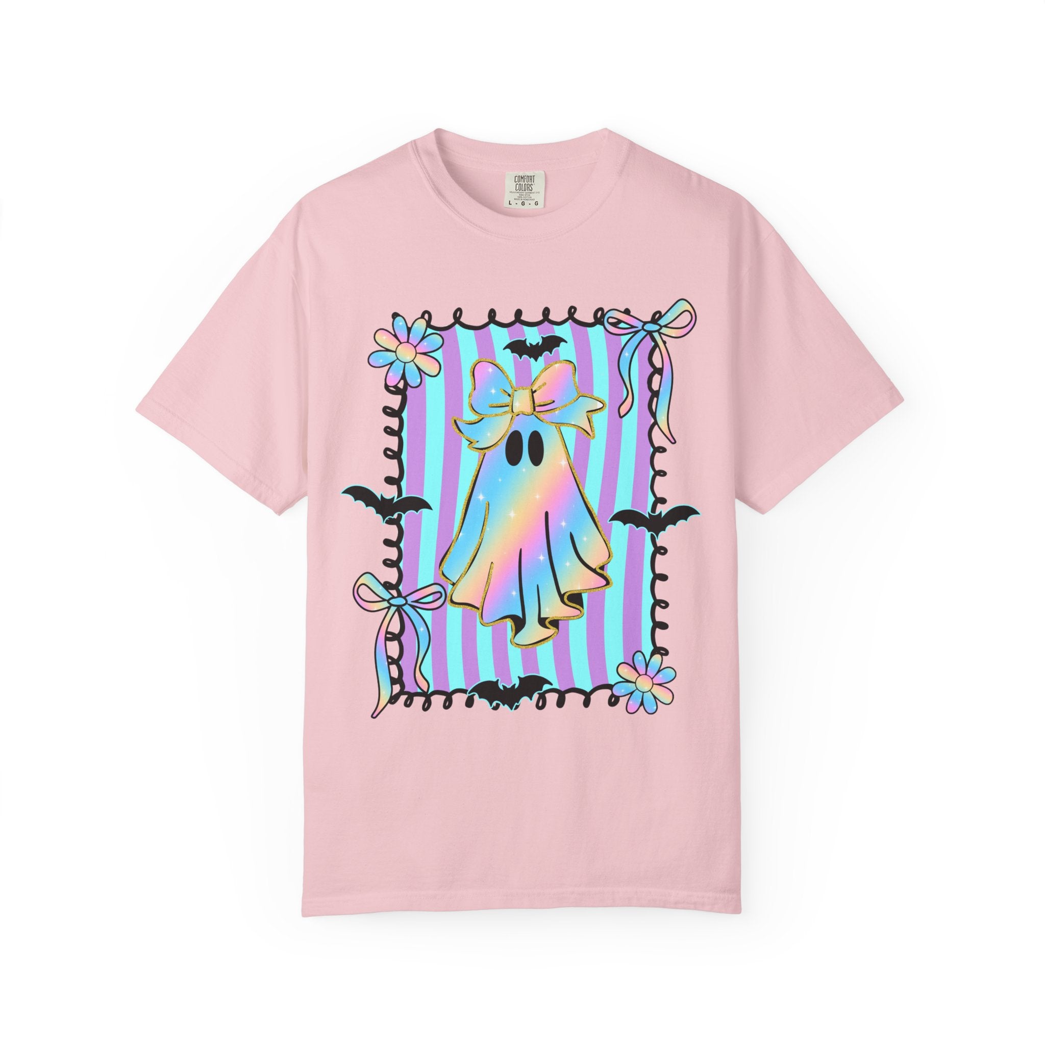 Holographic Bow Ghost T-shirt | Pastel Stripes, Bats, Floral Frame