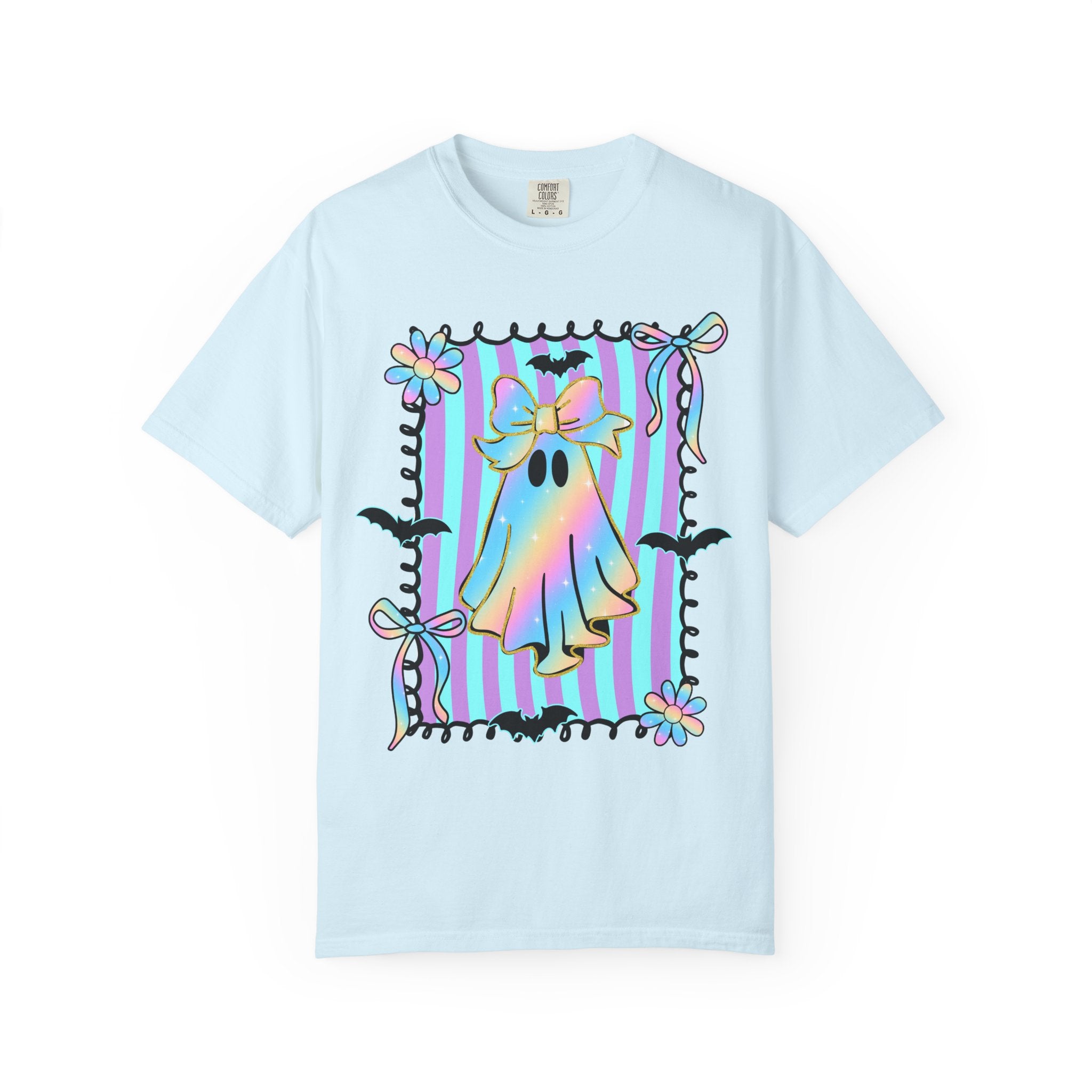 Holographic Bow Ghost T-shirt | Pastel Stripes, Bats, Floral Frame
