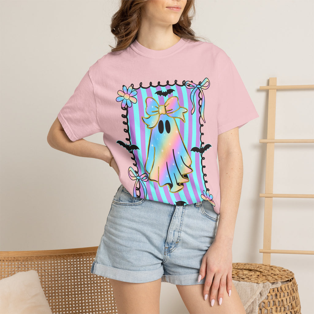 Holographic Bow Ghost T-shirt | Pastel Stripes, Bats, Floral Frame