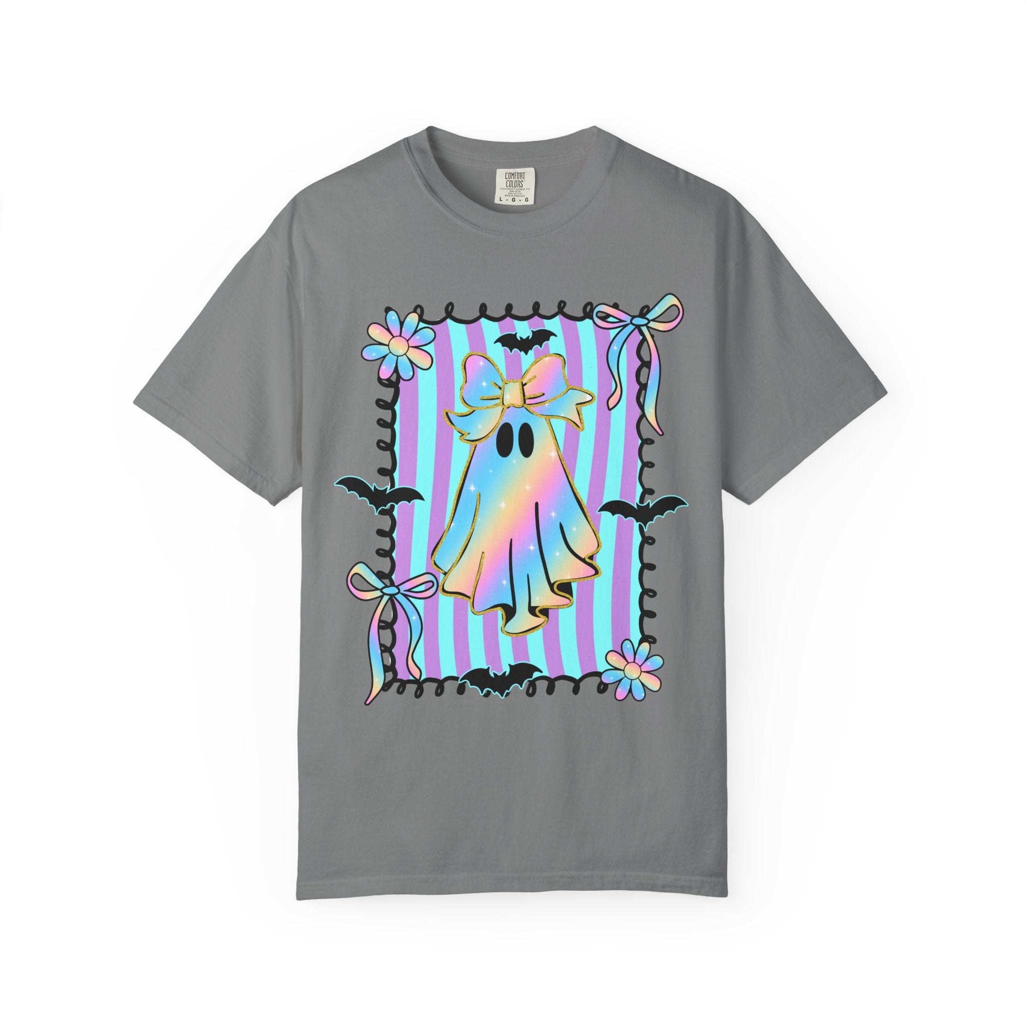 Holographic Bow Ghost T-shirt | Pastel Stripes, Bats, Floral Frame