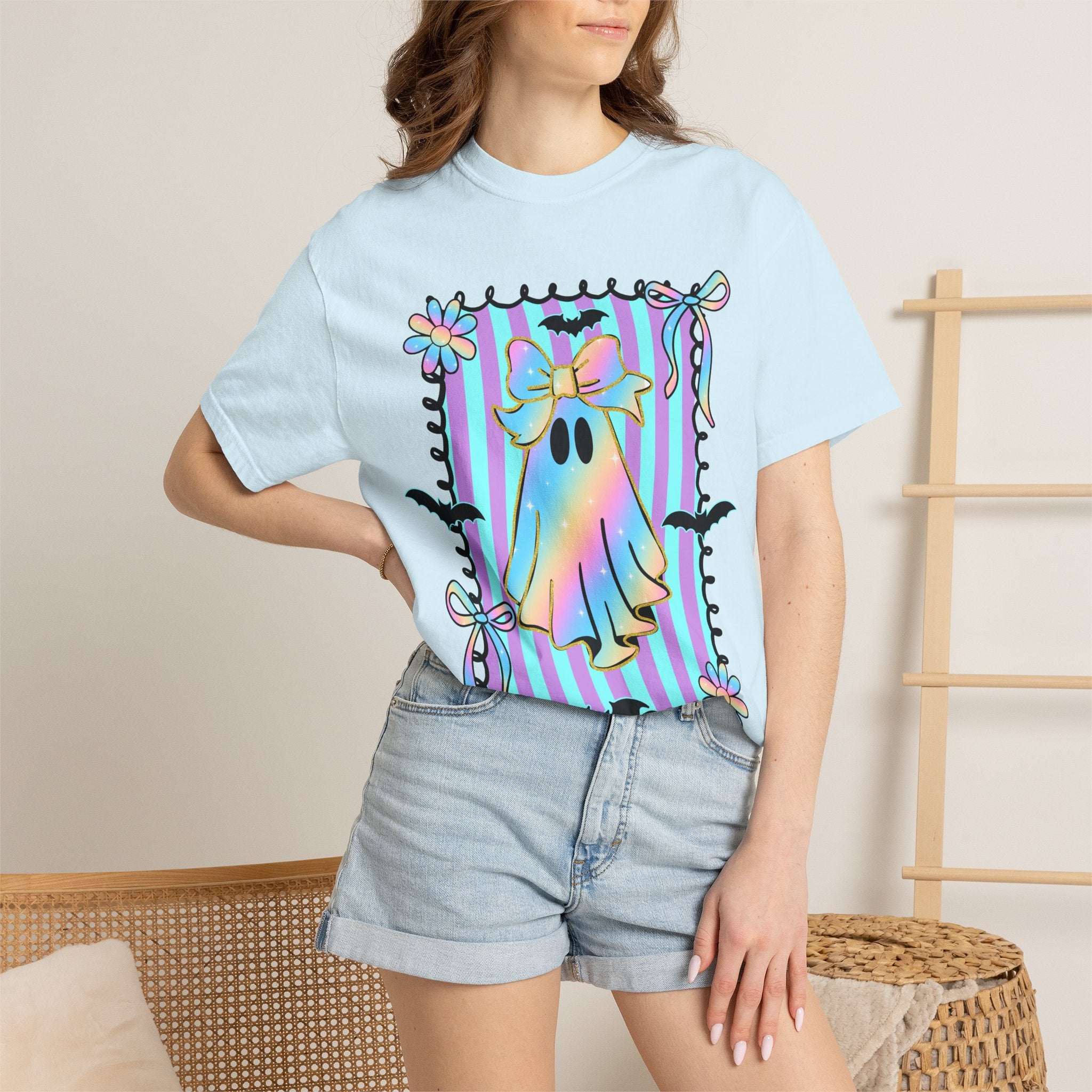 Holographic Bow Ghost T-shirt | Pastel Stripes, Bats, Floral Frame