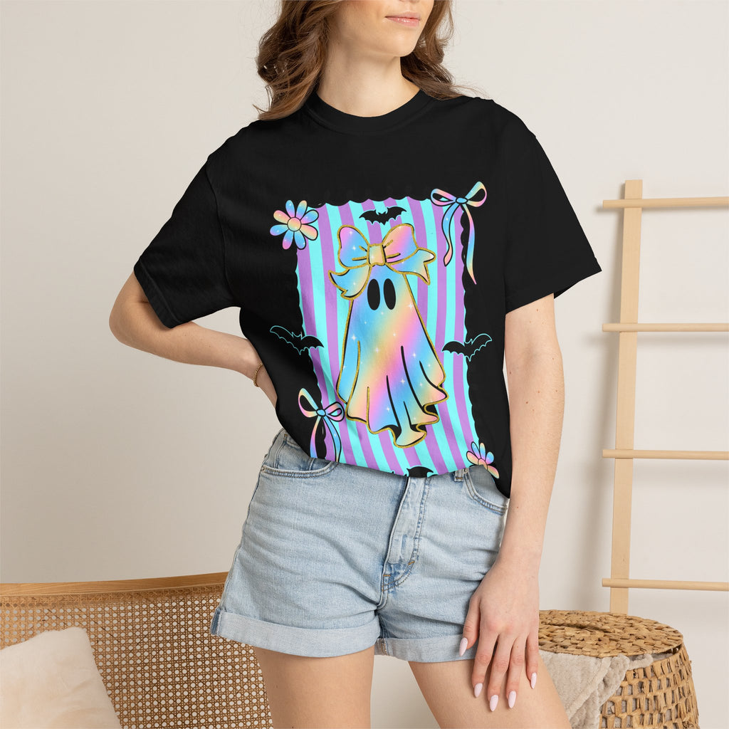 Holographic Bow Ghost T-shirt | Pastel Stripes, Bats, Floral Frame