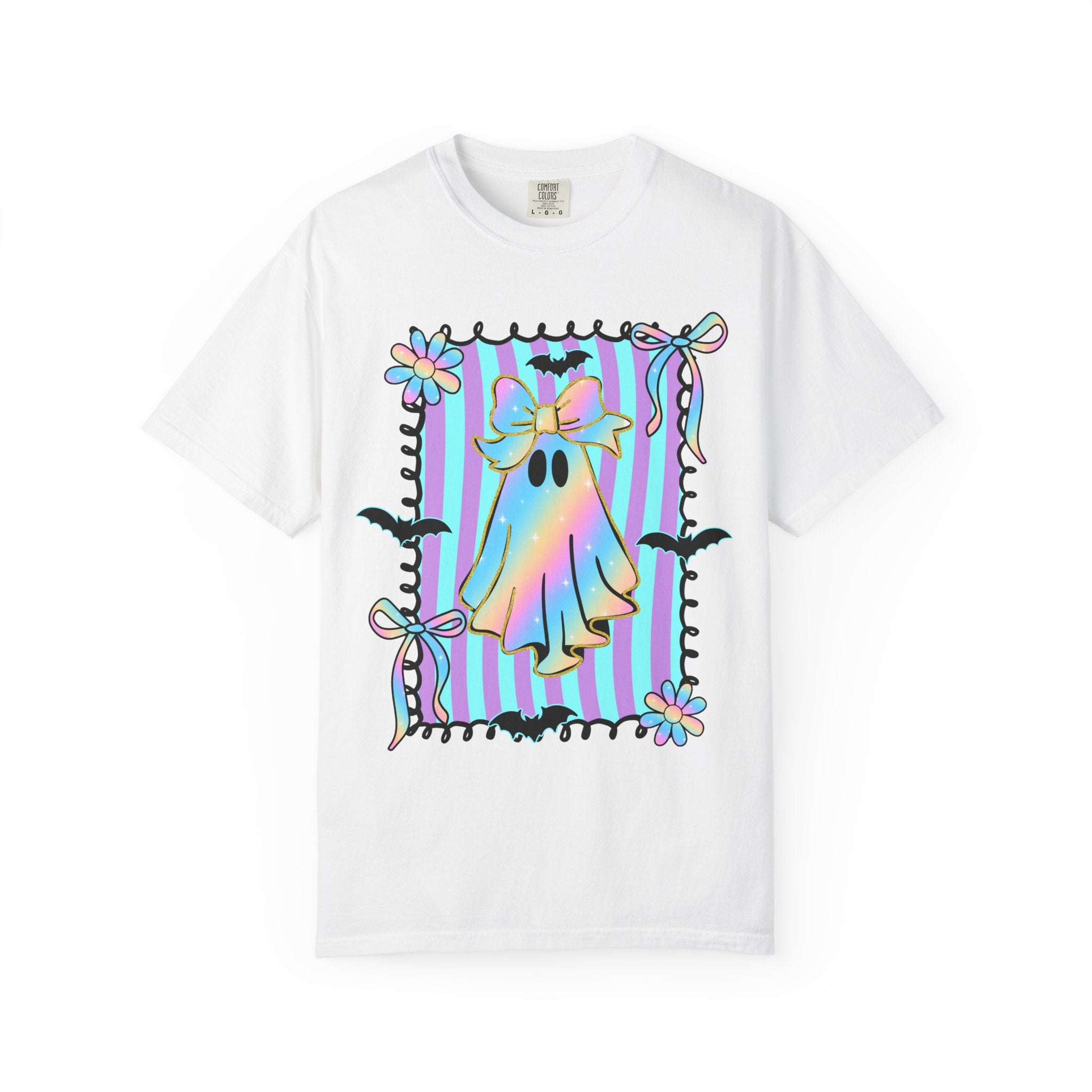 Holographic Bow Ghost T-shirt | Pastel Stripes, Bats, Floral Frame